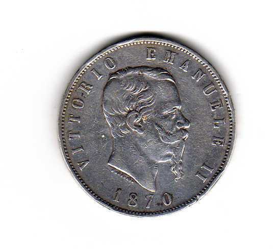 Ιταλία, Βασίλειο Vittorio Emanuele II. 5 Lire 1870 Roma - Rara  (χωρίς τιμή ασφαλείας) #1.0