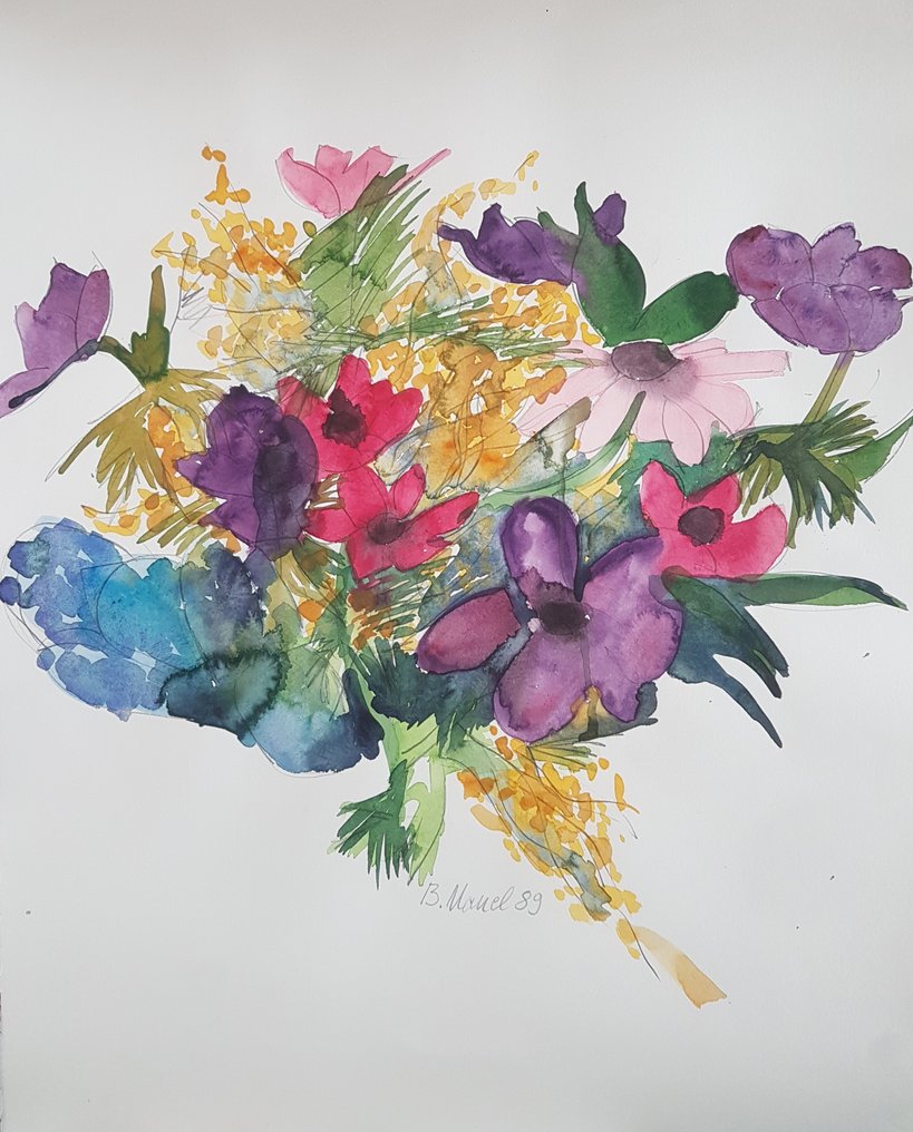 Signed; Bettina Mauel - unique; Aquarell "Blumen-Stillleben" - 1995 #1.0