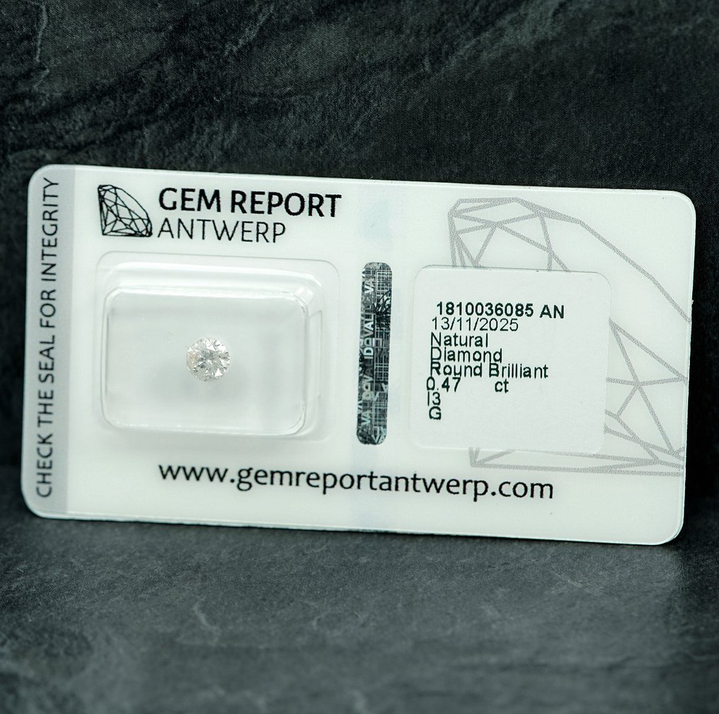 No reserve price - 1 pcs Diamond (Natural) - 0.47 ct - Round - G - I3 - Gem Report Antwerp (GRA) #2.1
