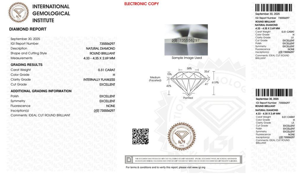 没有保留价 - 2 pcs 钻石  (天然)  - 0.62 ct - 圆形 - H - IF - 国际宝石研究院（IGI） - 匹配对 3EX Non #4.3