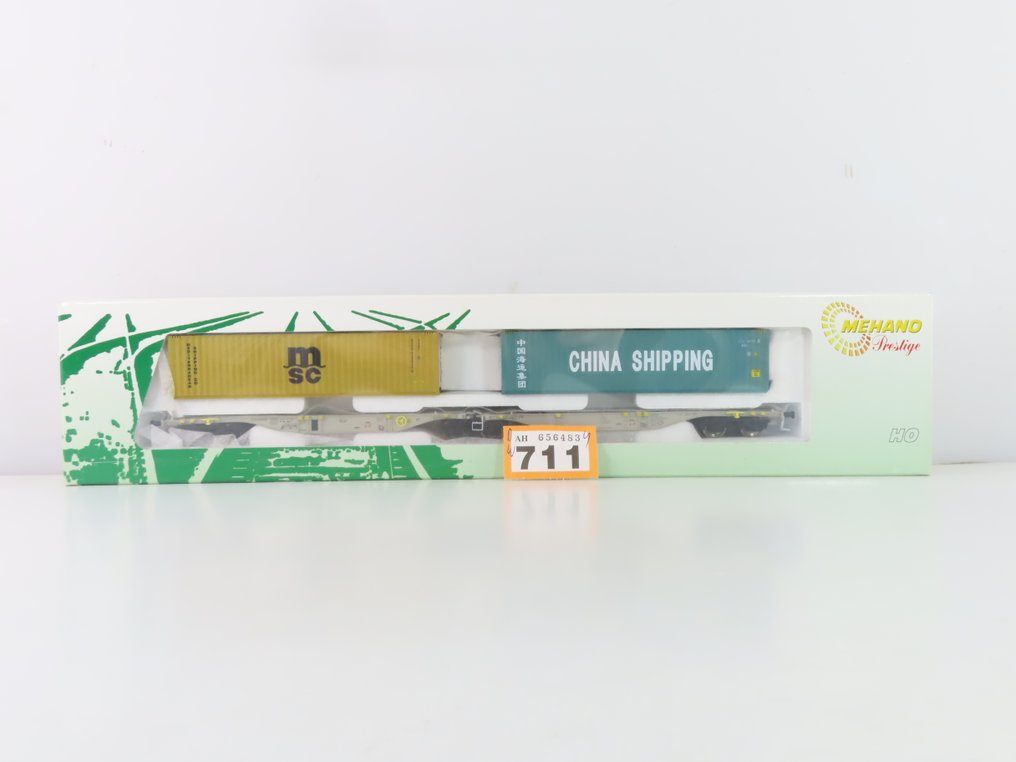 Mehano H0 - T284 - Vagão de carga de modelismo ferroviário (1) - Carro de transporte de contêineres de 6 eixos com carga e impressão 'China Shipping' e 'MSC'. - Privaat, AAE #3.2