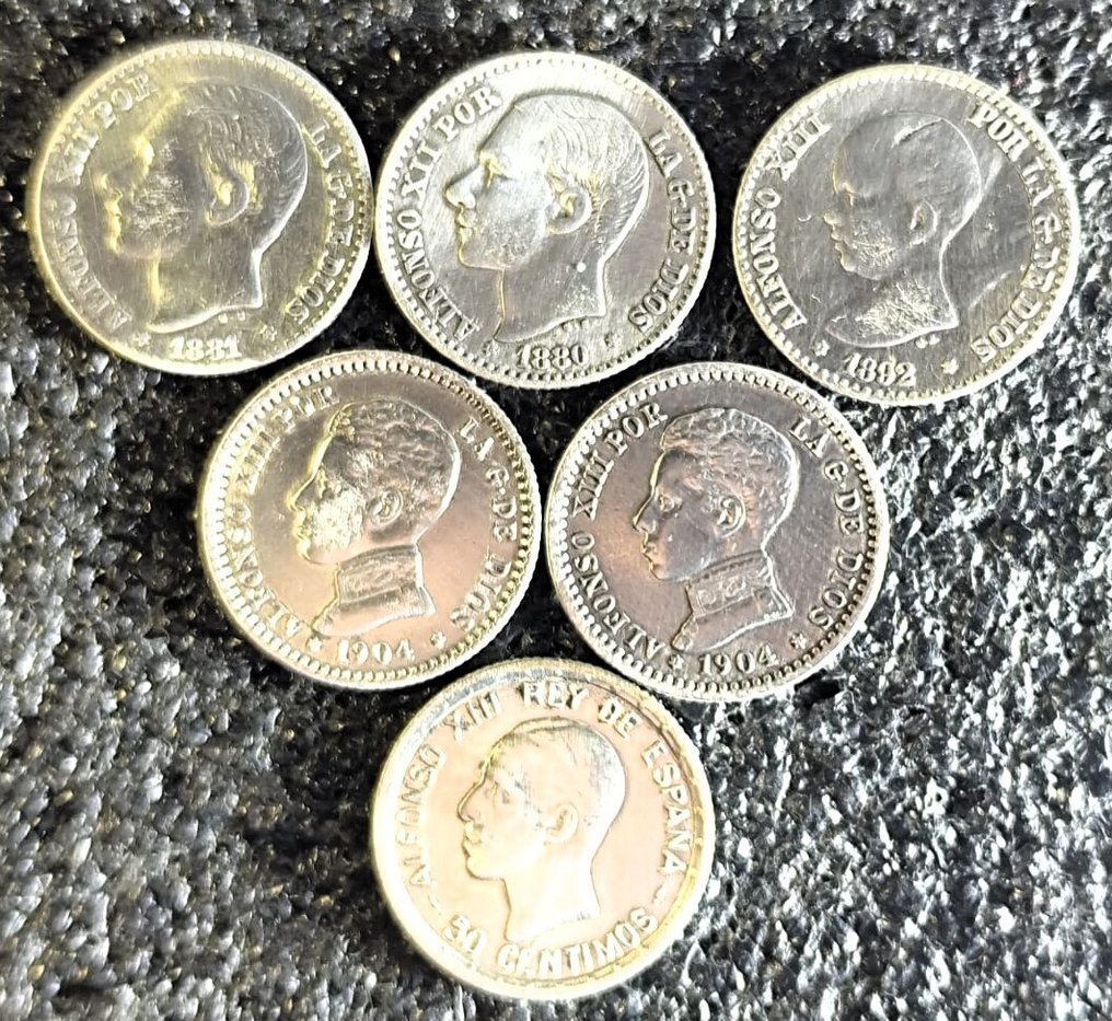 Espanjan kuningaskunta. Alfonso  XII - Alfonso  XIII. 50 centimos 1880 a 1926 (6 monedas) Plata  (Ei pohjahintaa) #1.0