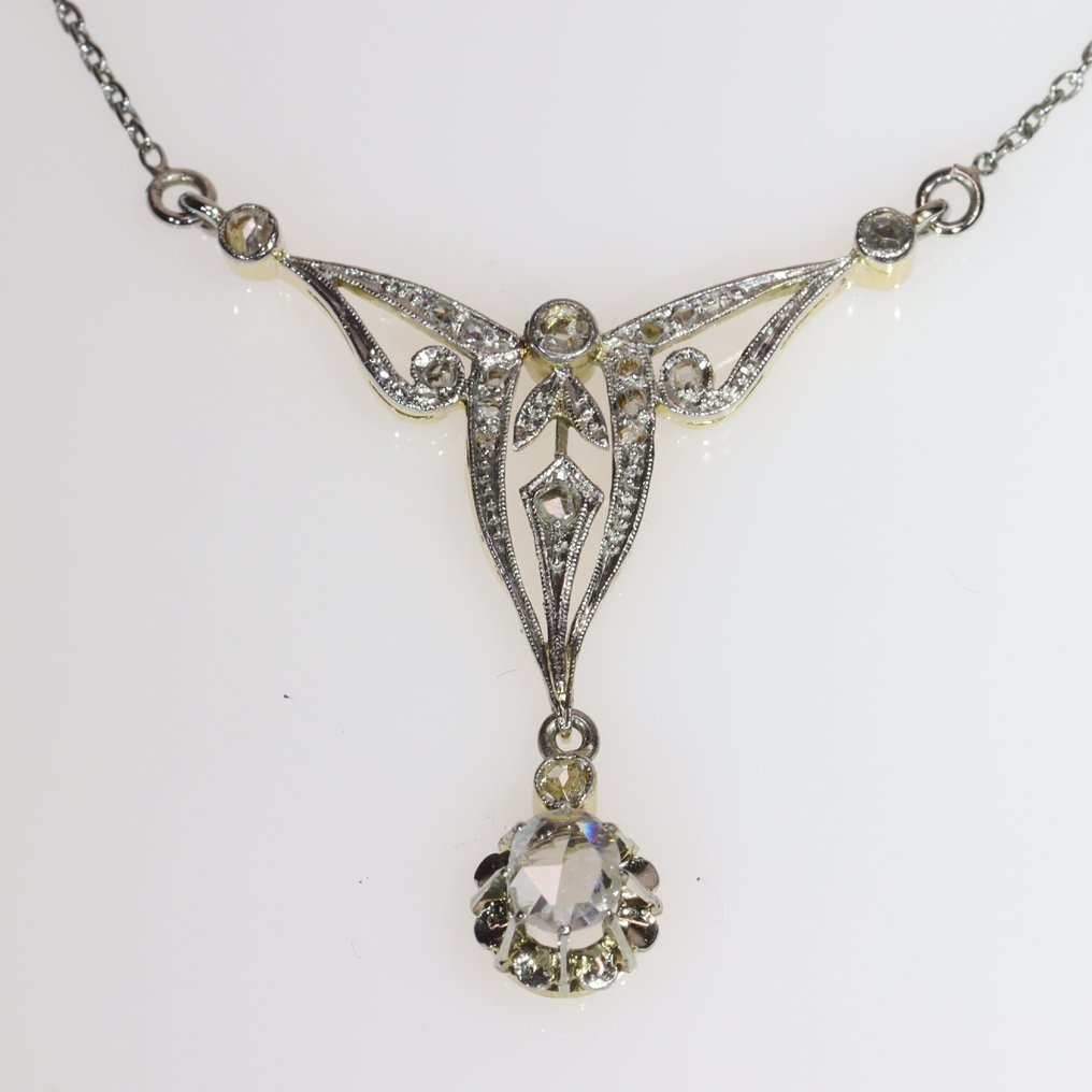Ei pohjahintaa - Kaulakoru - 18 kt. Valkokulta, Keltakulta - Timantti - 1900-luvun Art Nouveau #3.2