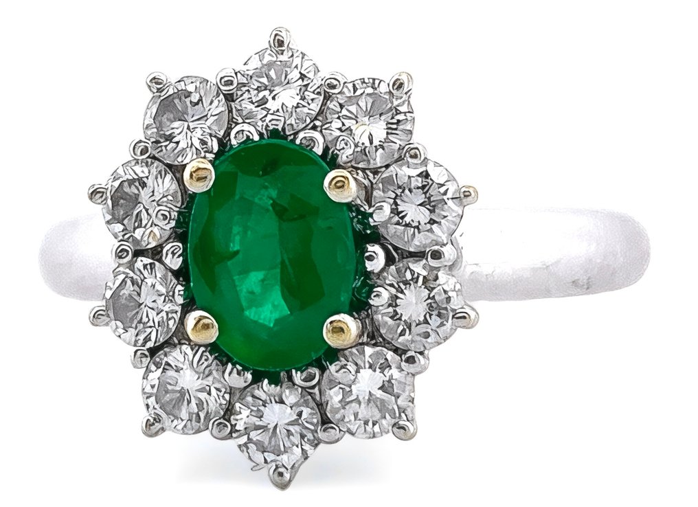 戒指 - 18 克拉 白金 祖母綠 - 鉆石 #1.0