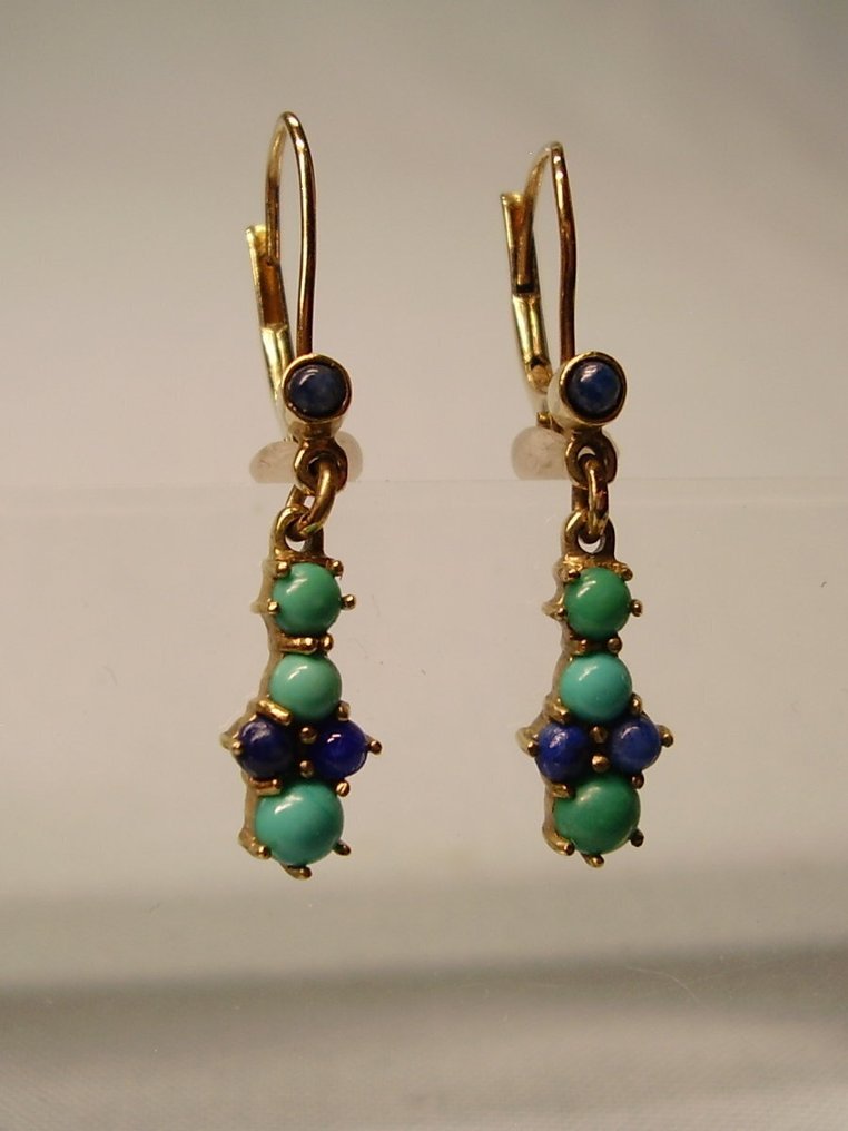 Nincs minimálár - Drop fülbevaló - 8 kt. Sárga arany -  0.42ct. tw. Türkiz - Lapis lazuli - aranyékszer-készítés #3.2