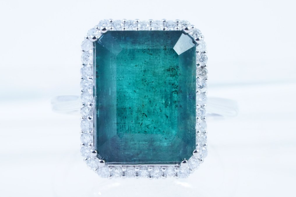 No reserve price - Ring Platinum -  11.54ct. tw. Emerald - Diamond #1.0