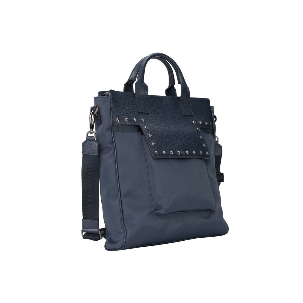 Testoni Bologna RRP 1340€ Shopping Bag with Studs Blue Karibu Calf + Fabric - Τσάντα #1.0