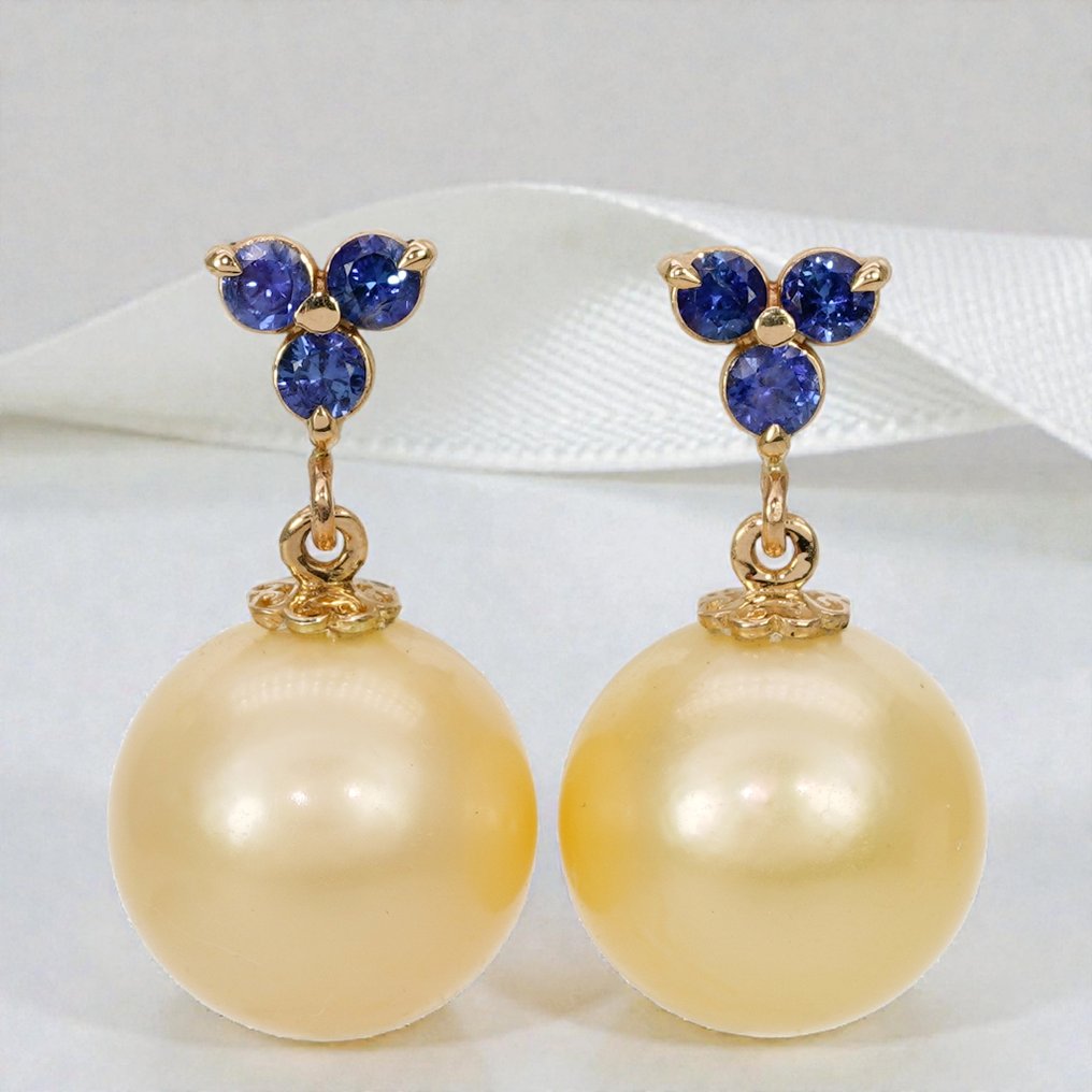 χωρίς τιμή ασφαλείας - Βραδινά σκουλαρίκια - 14 καράτια Κίτρινο χρυσό Ζαφείρι - Μαργαριτάρι - Ζαφείρια & Χρυσά SSP #1.0
