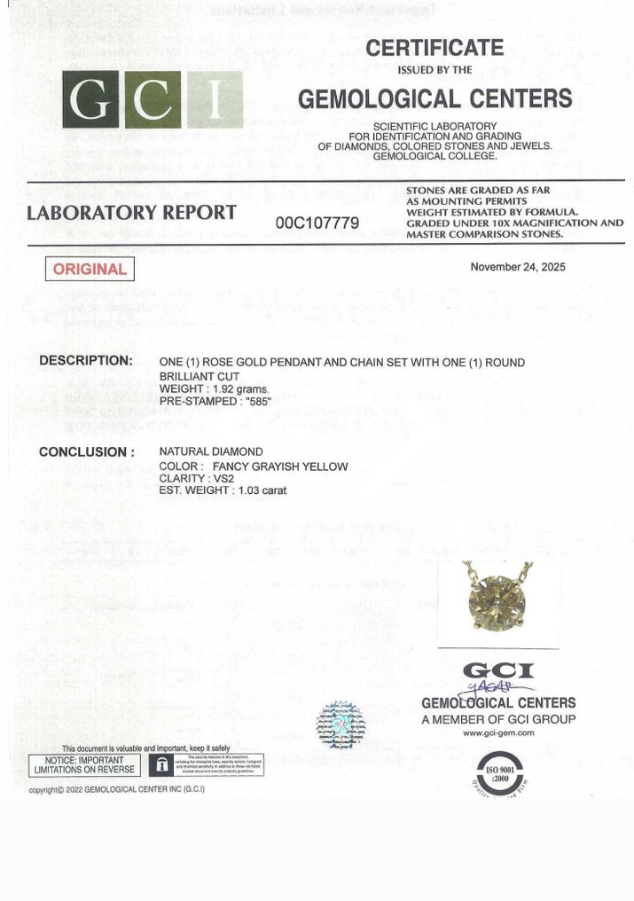 沒有保留價 - 吊墜頸鏈 - 14 克拉 黃金 -  1.03ct. tw. 黃色 鉆石 (天然彩色) #2.1