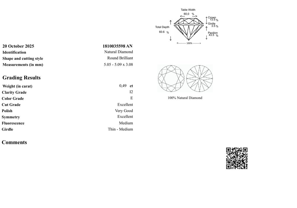 χωρίς τιμή ασφαλείας - 1 pcs Διαμάντι (Φυσικό) - 0.49 ct - Στρογγυλό - I2 - Gem Report Antwerp (GRA) #3.2