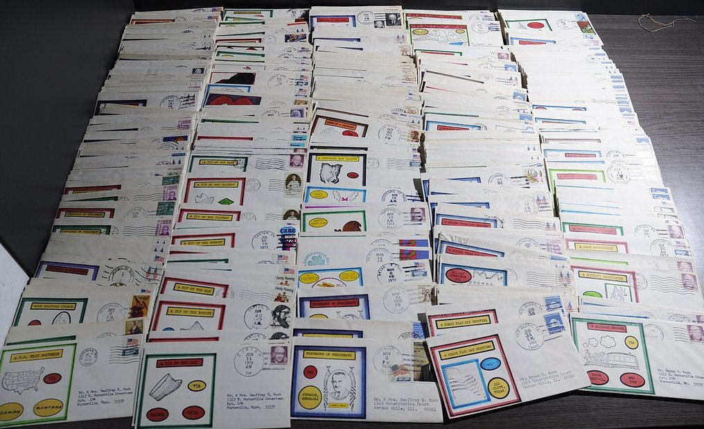 EE. UU. - Lote con FDCs de 100 dólares y sobres especiales en una caja. #1.0