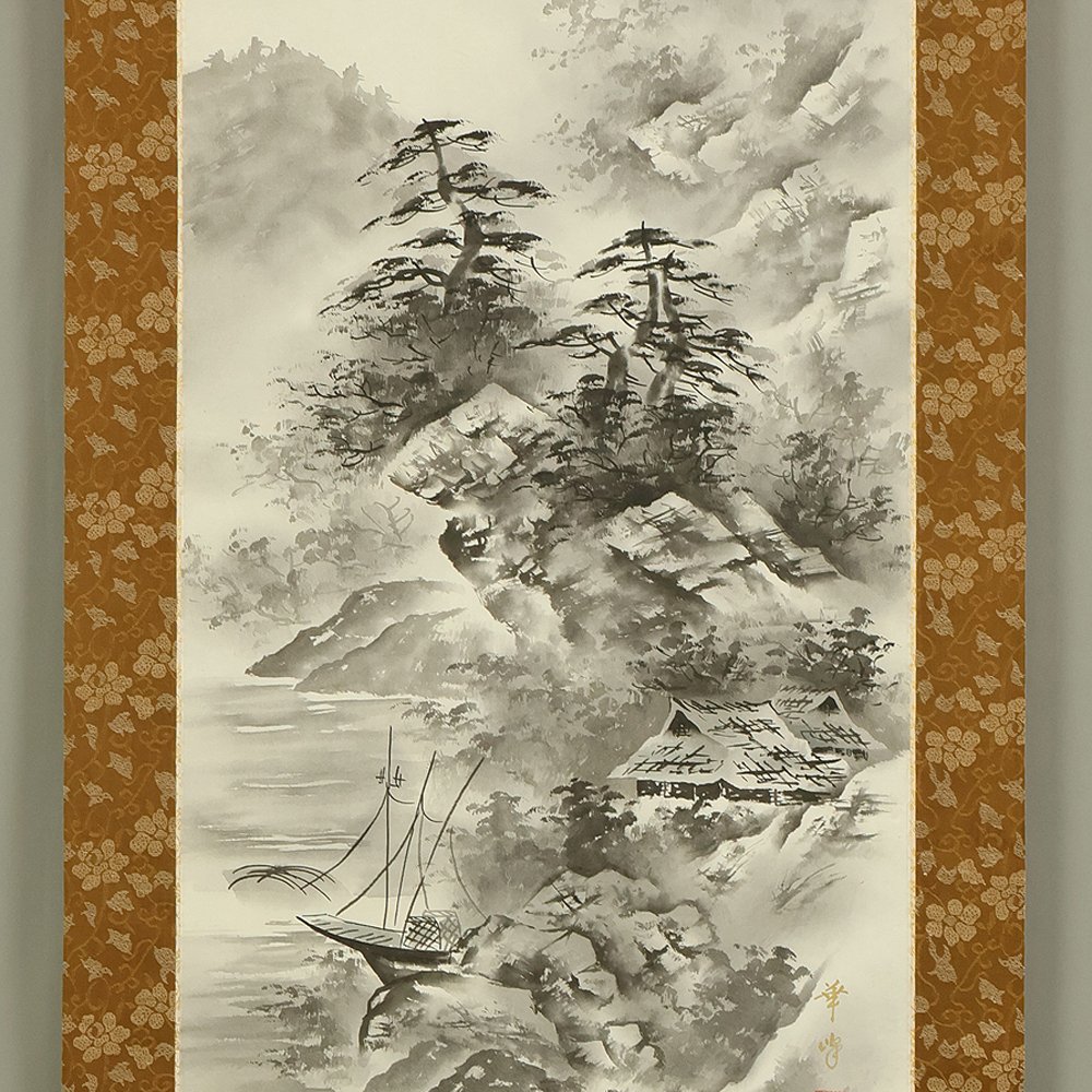 Suiboku Ink Mountain Mist Landscapes Village House and Rivers with Original Box (Tomobako) - with signature and seal 'Kaho' 華峰 - Giappone  (Senza prezzo di riserva) #1.0