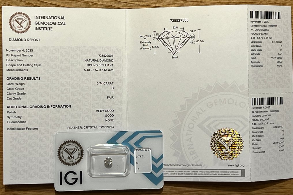 1 pcs 钻石  (天然)  - 0.74 ct - 圆形 - G - I1 内含一级 - 意大利宝石学院（IGI） #2.1