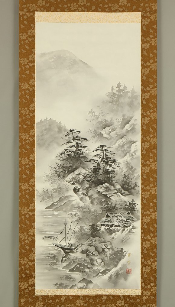 Suiboku Ink Mountain Mist Landscapes Village House and Rivers with Original Box (Tomobako) - with signature and seal 'Kaho' 華峰 - Giappone  (Senza prezzo di riserva) #2.1