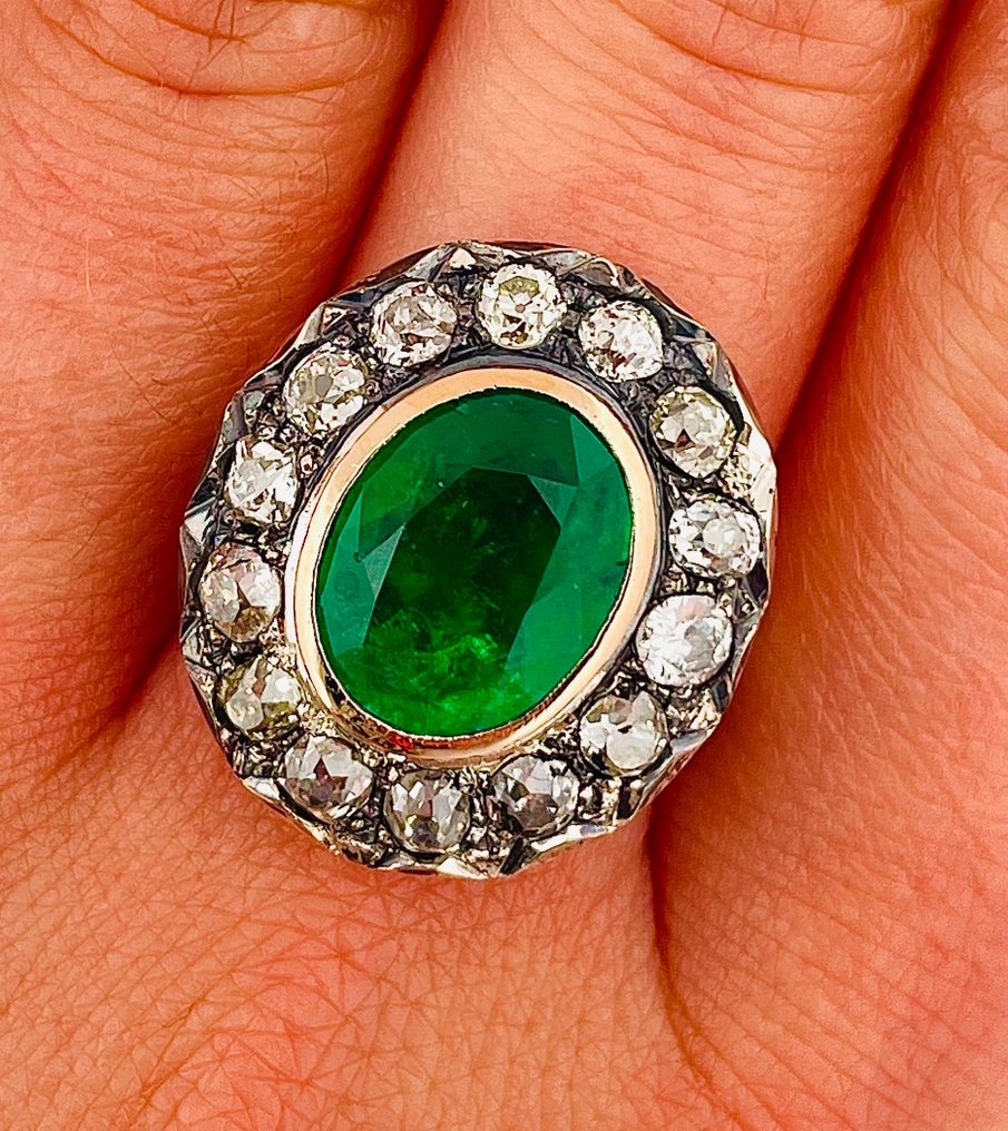 Ring - 12 karat Gull, Sølv Smaragd - Diamant #4.3