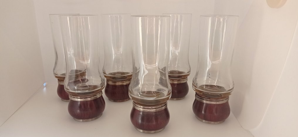 6 fős likőr szett (6) - .800 ezüst, Juhar - Üveg poharak. #2.1