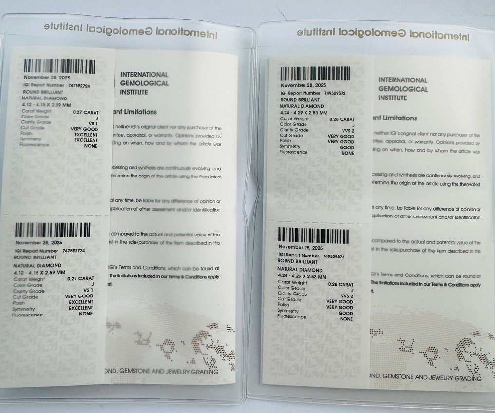 χωρίς τιμή ασφαλείας - 2 pcs Διαμάντι (Φυσικό) - 0.55 ct - Στρογγυλό - J - VVS2, VS1 - International Gemological Institute (IGI) - Ταιριαστό Ζευγάρι #2.1