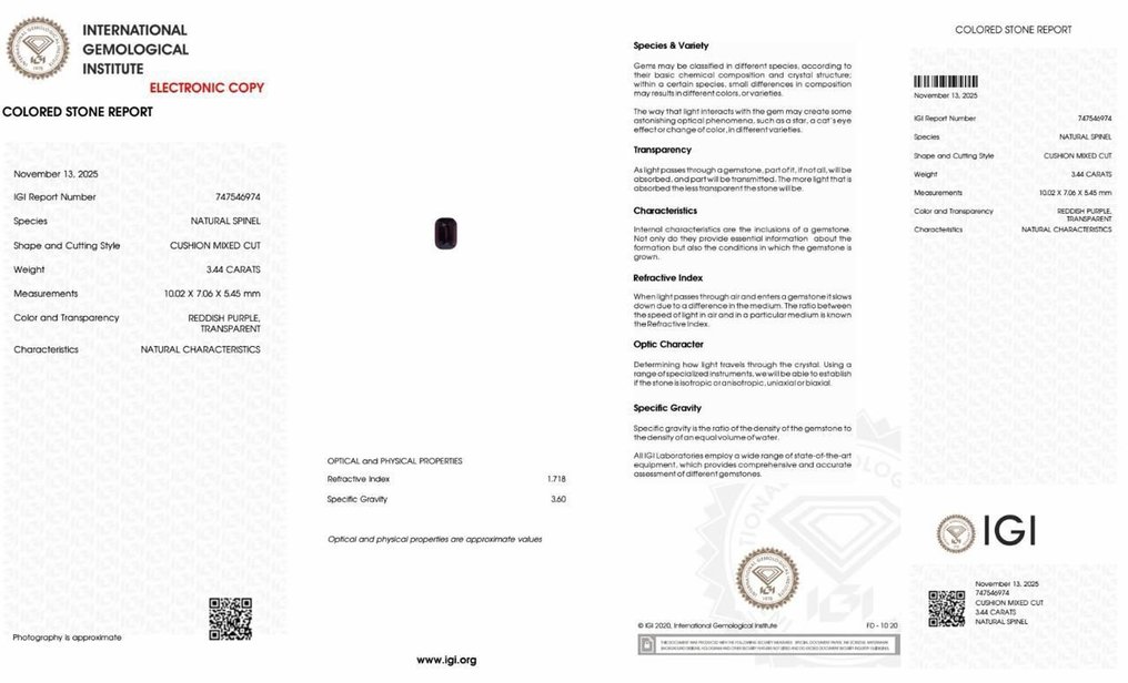 没有保留价 - 1 pcs  红色, 紫色 尖晶石  - 3.44 ct - 国际宝石研究院（IGI） - 未加热的放大镜清洁 #4.3