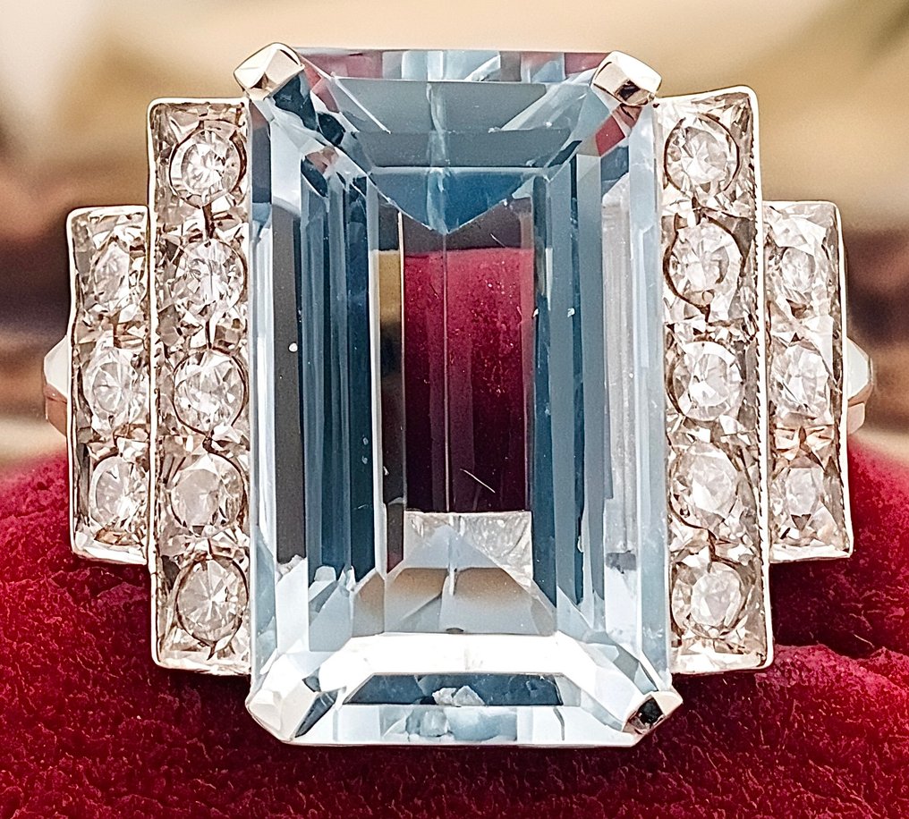 戒指 - 18K包金 白金 海蓝宝石 - 钻石 #1.0