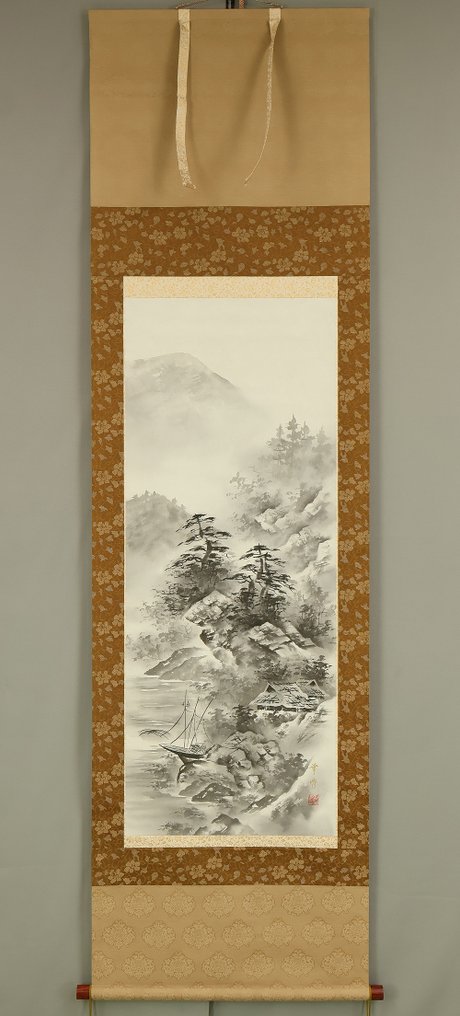 Suiboku Ink Mountain Mist Landscapes Village House and Rivers with Original Box (Tomobako) - with signature and seal 'Kaho' 華峰 - Giappone  (Senza prezzo di riserva) #1.0