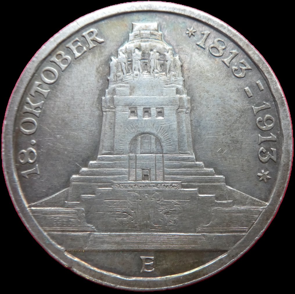 Tyskland - Sachsen-Albertine Friedrich August III. 3 Mark 1913 / 100th Anniversary of the Battle of Leipzig (Ingen reservasjonspris) #1.0