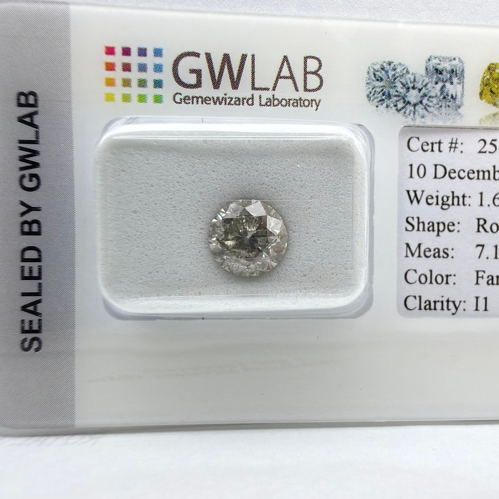 Utan reservationspris - 1 pcs Diamant (Naturligt färgad) - 1.63 ct - Rund - Fancy light Grå - I1 - Gemewizard Gemological Laboratory (GWLab) #3.2