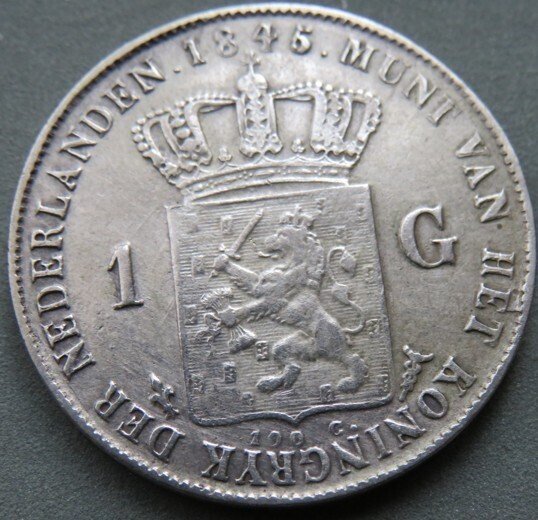 Ολλανδία. Willem II. 1 Gulden 1845a  (χωρίς τιμή ασφαλείας) #3.2