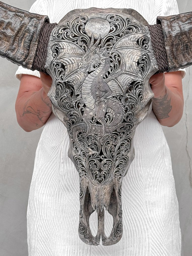 Χωρίς ελάχιστη τιμή - C - Εντυπωσιακό μεγάλο γκρι κρανίο νεροβούβαλου - Ανθώδες μοτίβο Λαξεμένο κρανίο - Bubalus Bubalis - 78 cm - 72 cm - 22 cm- Είδη που δεν ανήκουν στο CITES #1.0