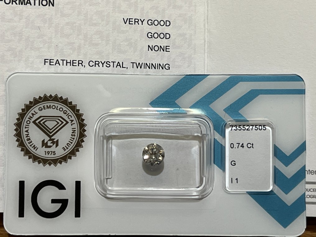 1 pcs 钻石  (天然)  - 0.74 ct - 圆形 - G - I1 内含一级 - 意大利宝石学院（IGI） #1.0