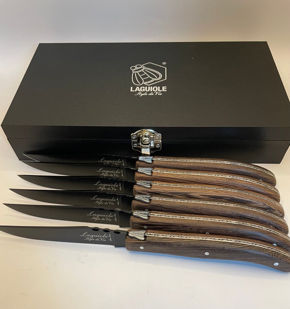 Laguiole - Style de Vie - 餐刀套装 - 精美的乌木牛排刀配有真伪认证——不锈黑钢 #1.0