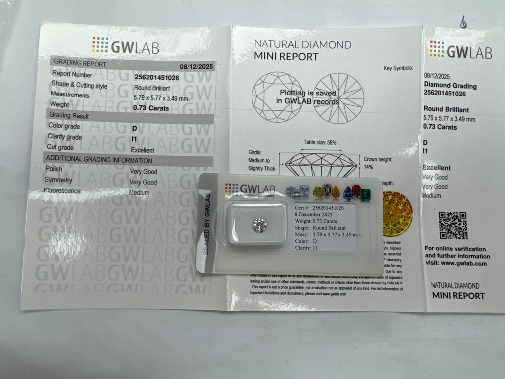 沒有保留價 - 1 pcs 鑽石  (天然)  - 0.73 ct - 圓形 - D (無色) - I1 - Gemewizard Gemological Laboratory (GWLab) #1.0