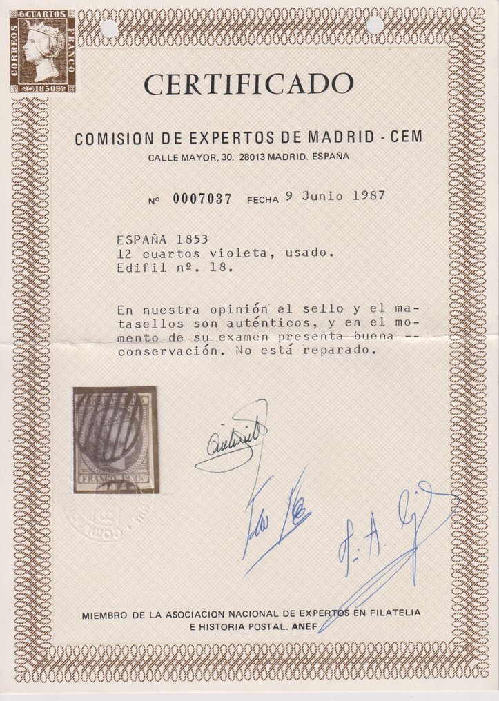 Ισπανία 1853 - Isabel II-πιστοποιητικό (περίγραμμα σελίδας)-πολυτέλεια - Edifil nº 18 #2.1