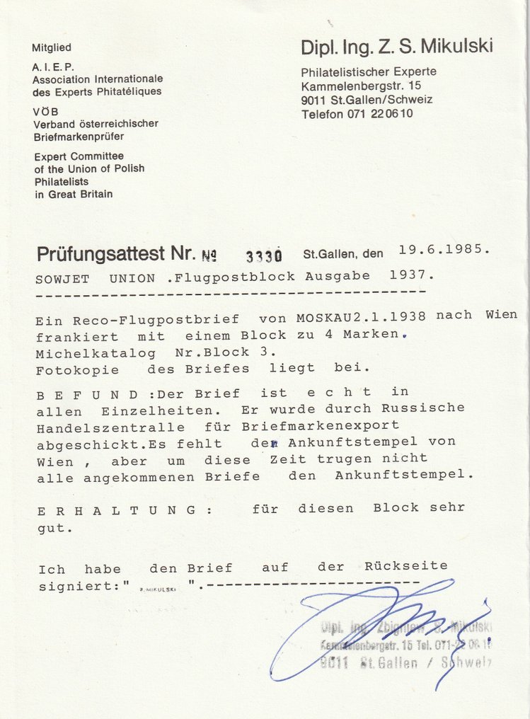 Soviet Union  - 1937 Mi. Block 3, expertised by Z.S. Mikulski + L. Hovest - with the Shatylo error 726 PB K1 – a verry RARE piece #1.0