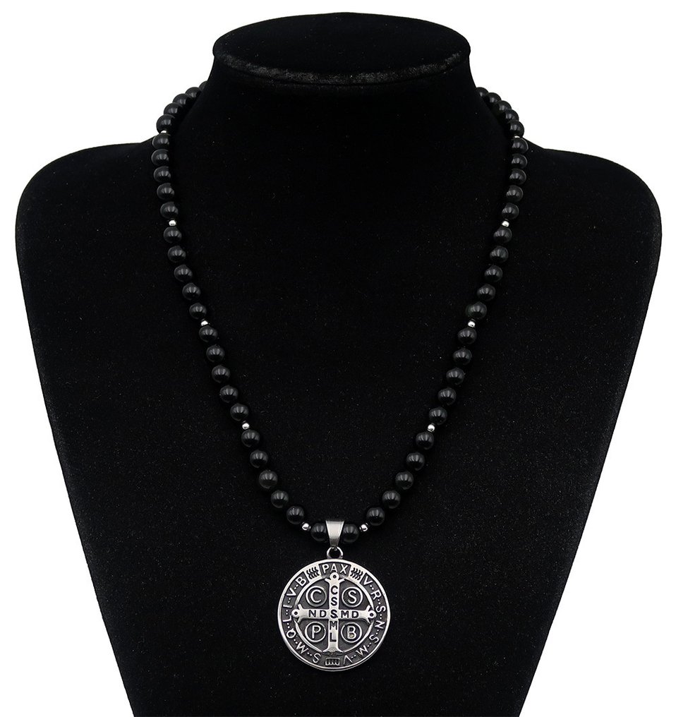 Exorcism: The Seal of Saint Benedict in Obsidian - Clasp, 925 sterling silver beads - Necklace with pendant #1.0