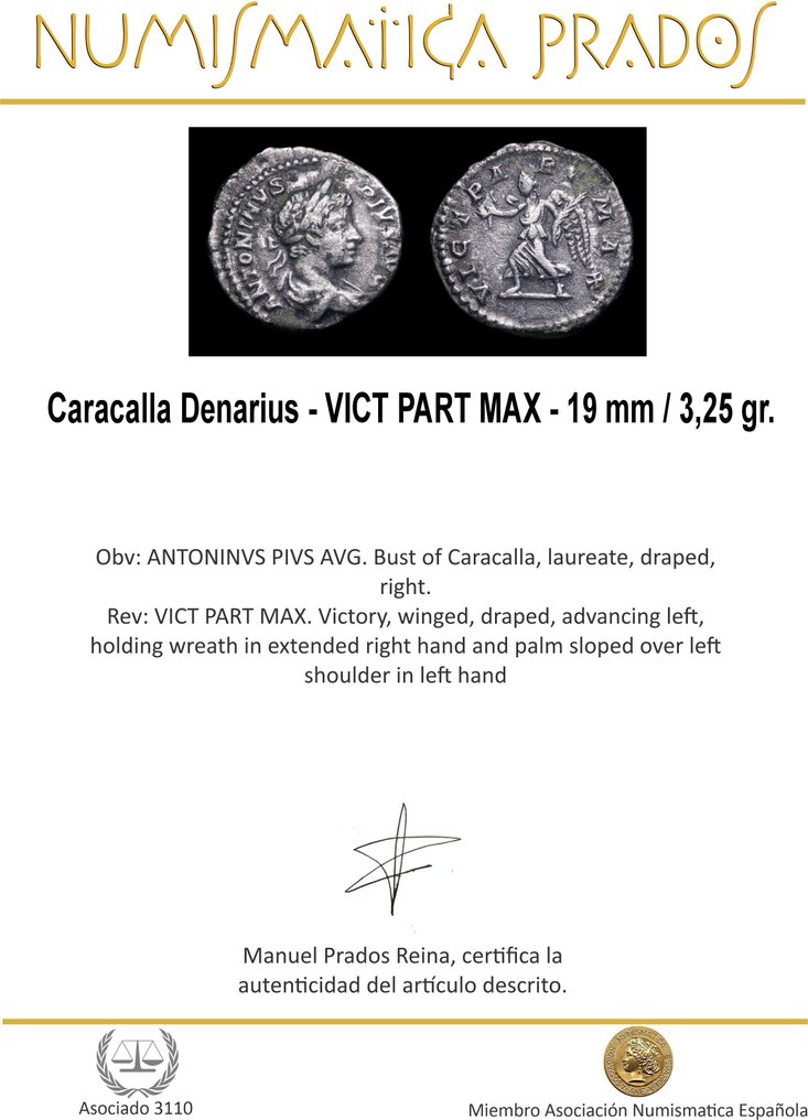 Imperio romano. Caracala (198-217 e. c.). Denarius VICT PART MAX (Sin precio de reserva) #1.0