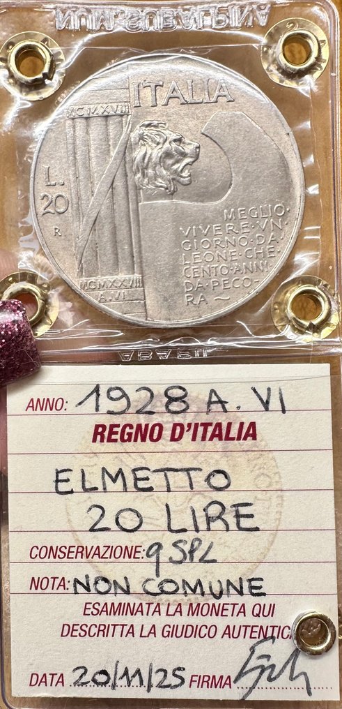 意大利， 王国 Vittorio Emanuele III. 20 Lire 1928 " Elmetto " #2.1