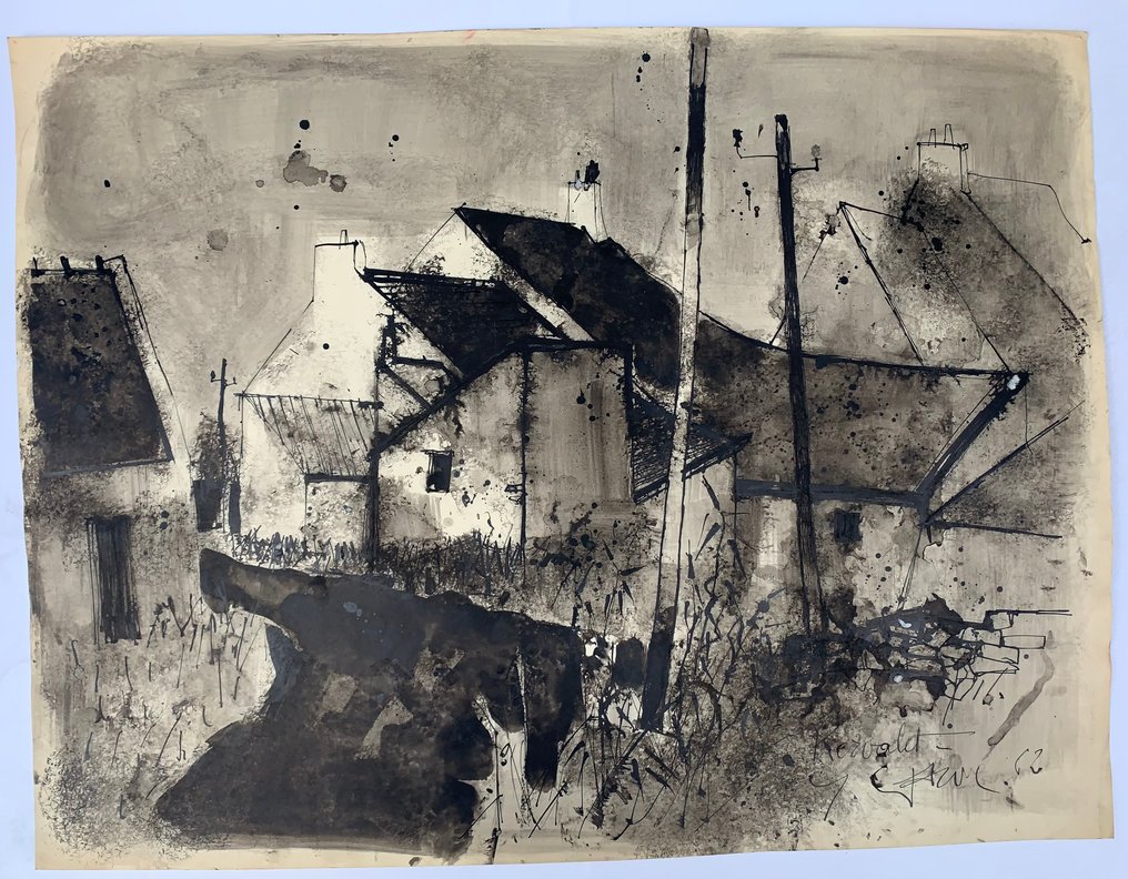 Yves Ganne (1931-2019) - Maisons dans un Village en Bretagne -Kervalet (Vendu Sans prix de reserve). #1.0