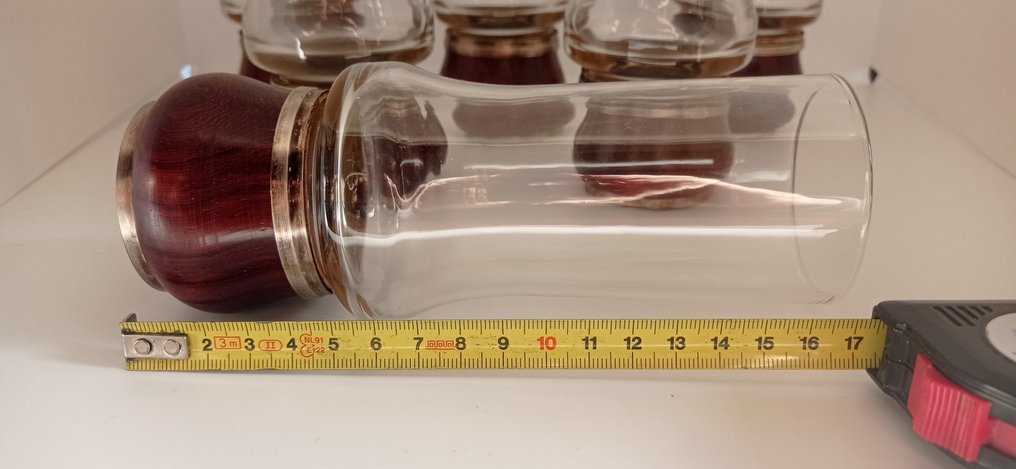 6 fős likőr szett (6) - .800 ezüst, Juhar - Üveg poharak. #1.0