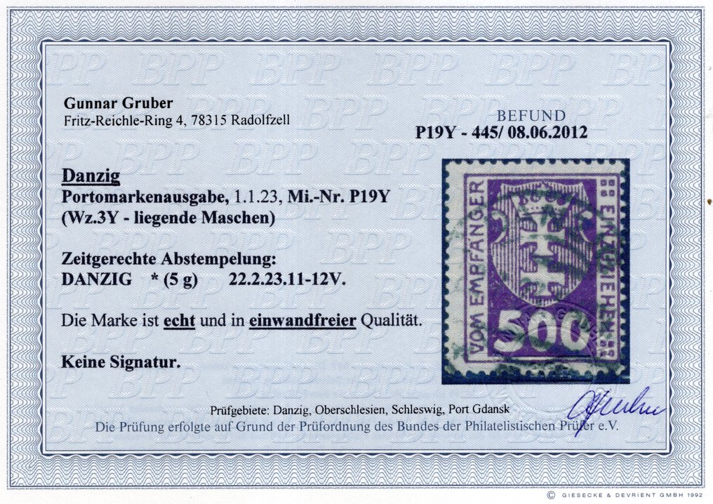Danzig 1923 - Jobb portomárka megállapítással. - Michel P 19Y #2.1