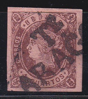 Ισπανία 1862 - Ισαμπέλ II - Edifil 58 - 4 Δωμάτια - Ετικέτα προ-φιλοτελικής T/Αραγωνίας - Roig #1.0