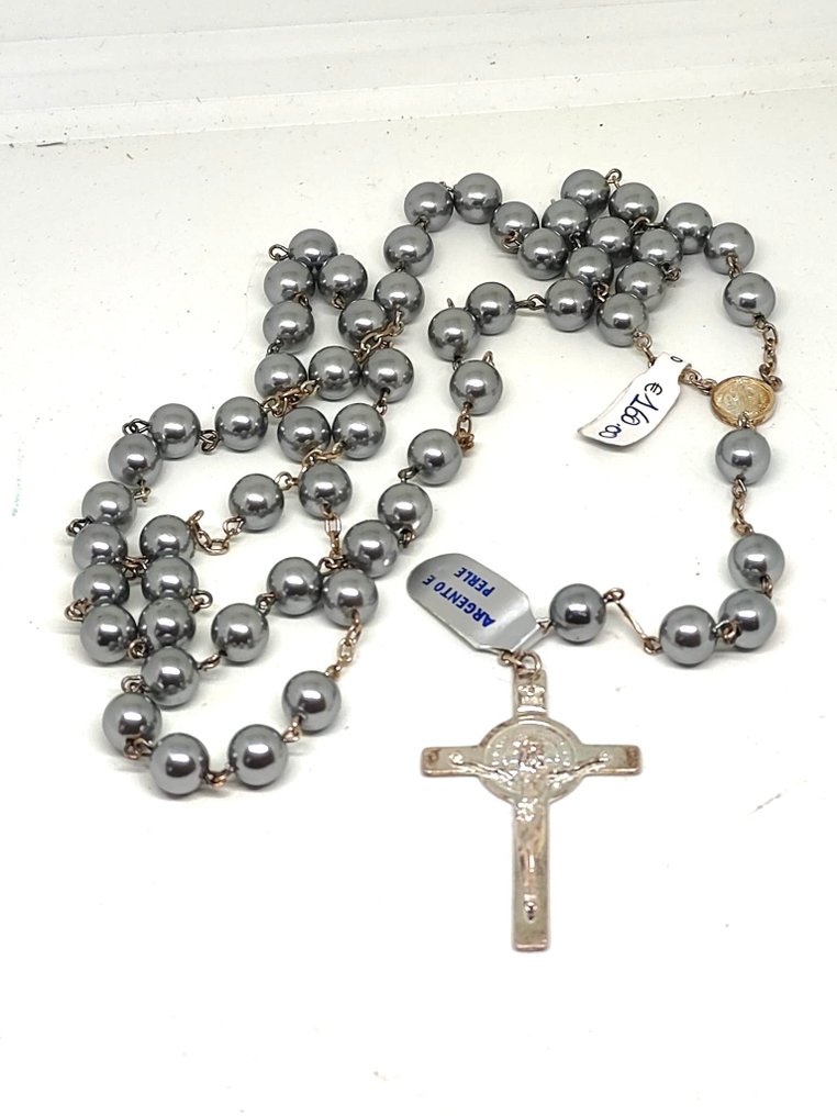  天主教念珠 - 稀有的玫瑰十字架，由925纯银和珍珠制成，工艺精美。 - 2000-2010  #1.0