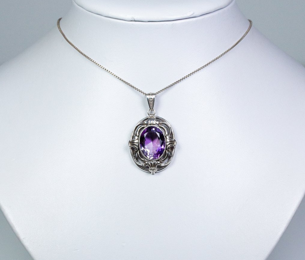 - Jugendstil - minim 800 de argint - 11,00 ct ametist natural - lucrat manual - Colier cu pandantiv #1.0