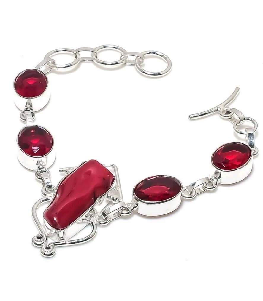 銀, 意大利红珊瑚，红石榴石 - 手鈪 #1.0