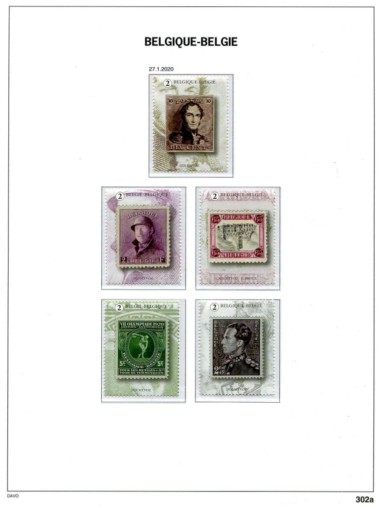 比利時 2020 - 来自块状和册子的邮票，贴在Davo相册页上。 #1.0
