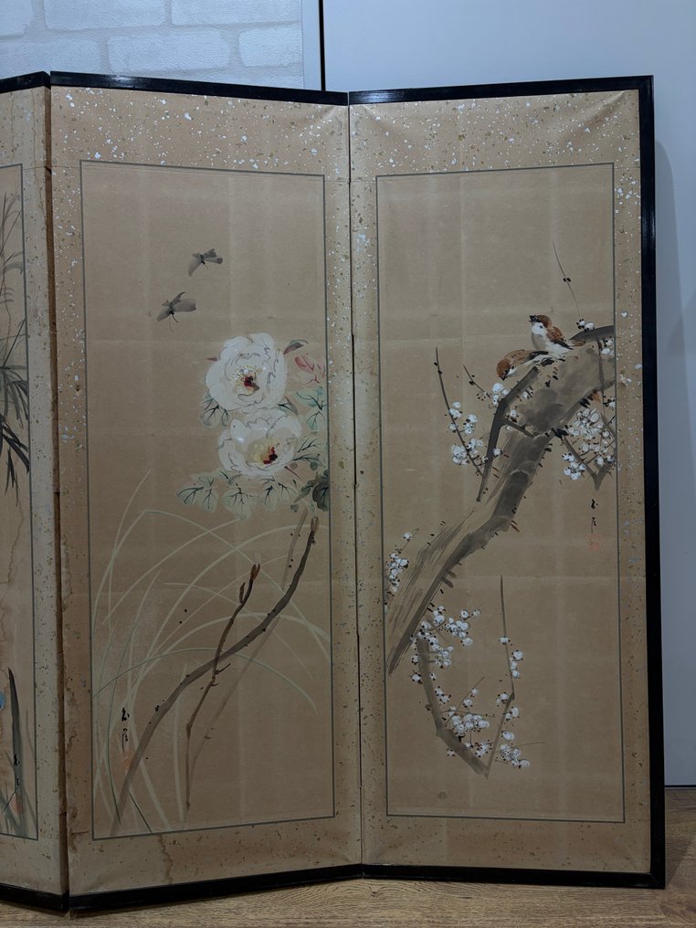 日本折叠屏风 - 木, 纸 - signed Gairei 外嶺 - 日本 - Meiji period (1868-1912) - 花/松/鸟/竹 #3.2