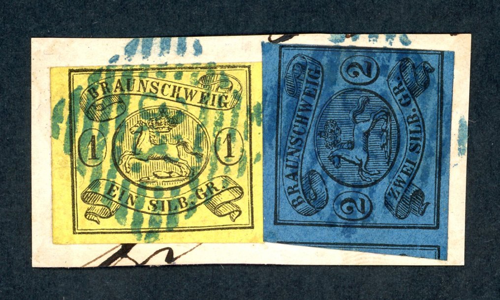 Brunswick 1853/1861 - Blue NmSt. 38 from Schoeppenstedt on a cover fragment with mixed franking: 1 Sgr yellow and 2 Sgr #1.0