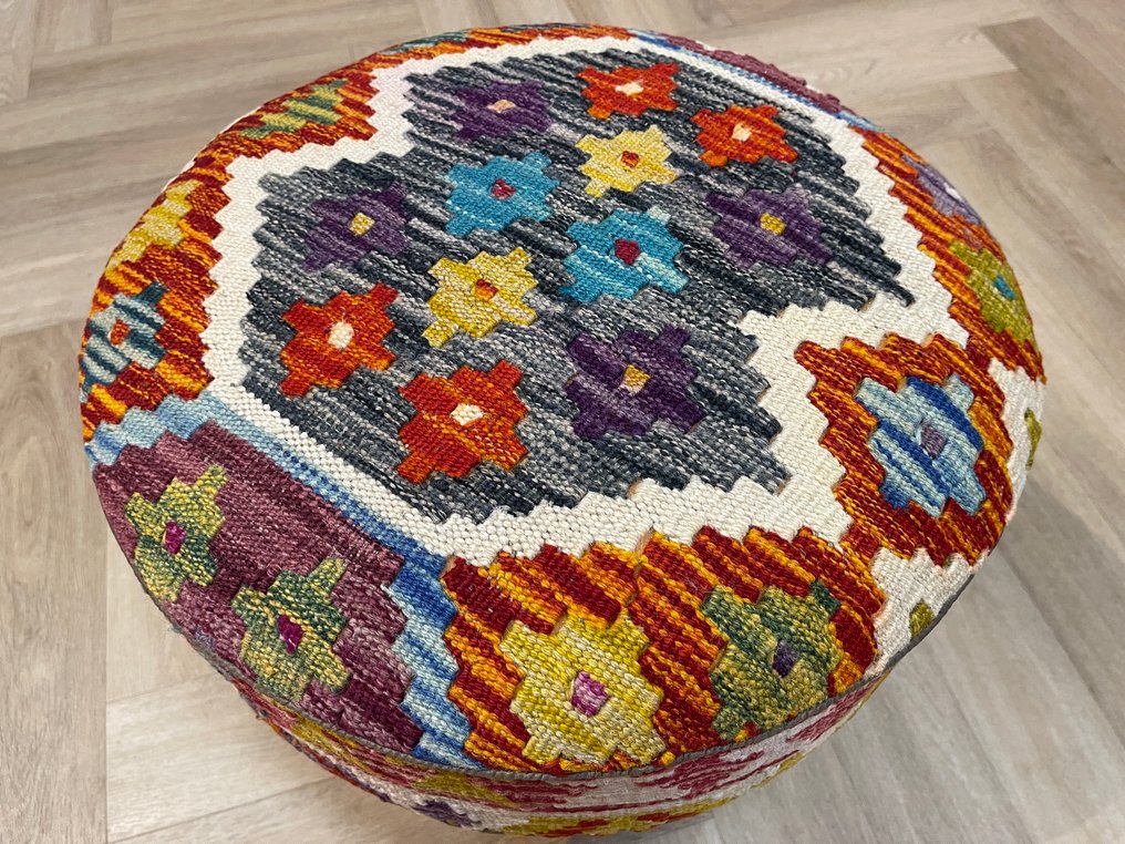 Kelim poef - handgewebt - unbenutzt - Wolle - farbenfroher Kelim - neu - unbenutzt - Teppich - 48 cm - 48 cm #2.1
