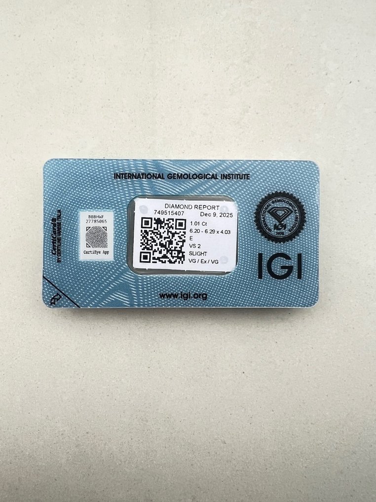 χωρίς τιμή ασφαλείας - 1 pcs Διαμάντι (Φυσικό) - 1.01 ct - Στρογγυλό - E - VS2 - International Gemological Institute (IGI) #2.1