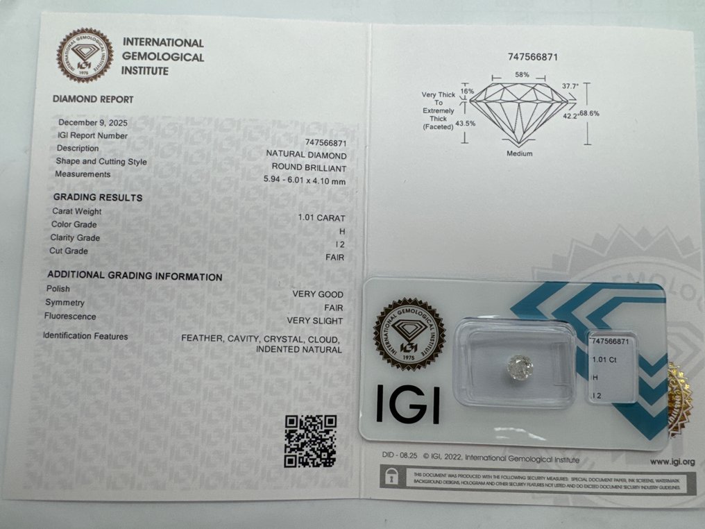 Sem preço de reserva - 1 pcs Diamante (Natural) - 1.01 ct - Redondo - H - I2 - International Gemological Institute (IGI) #2.1