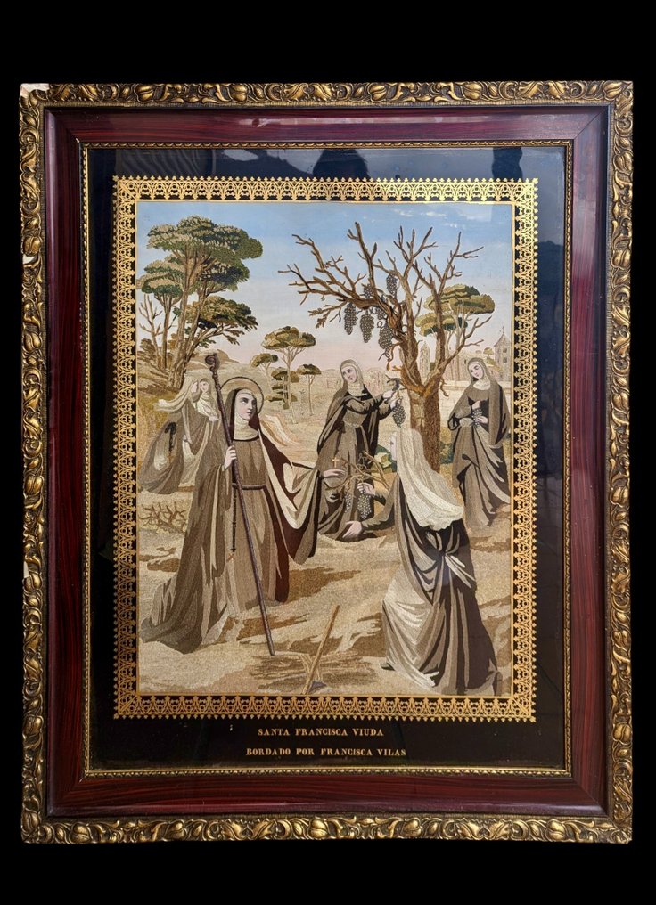 祈祷刺绣 - 圣弗朗西斯卡寡妇 - XL - 81.5 x 101 厘米 - 絲 - 1850-1900 #1.0